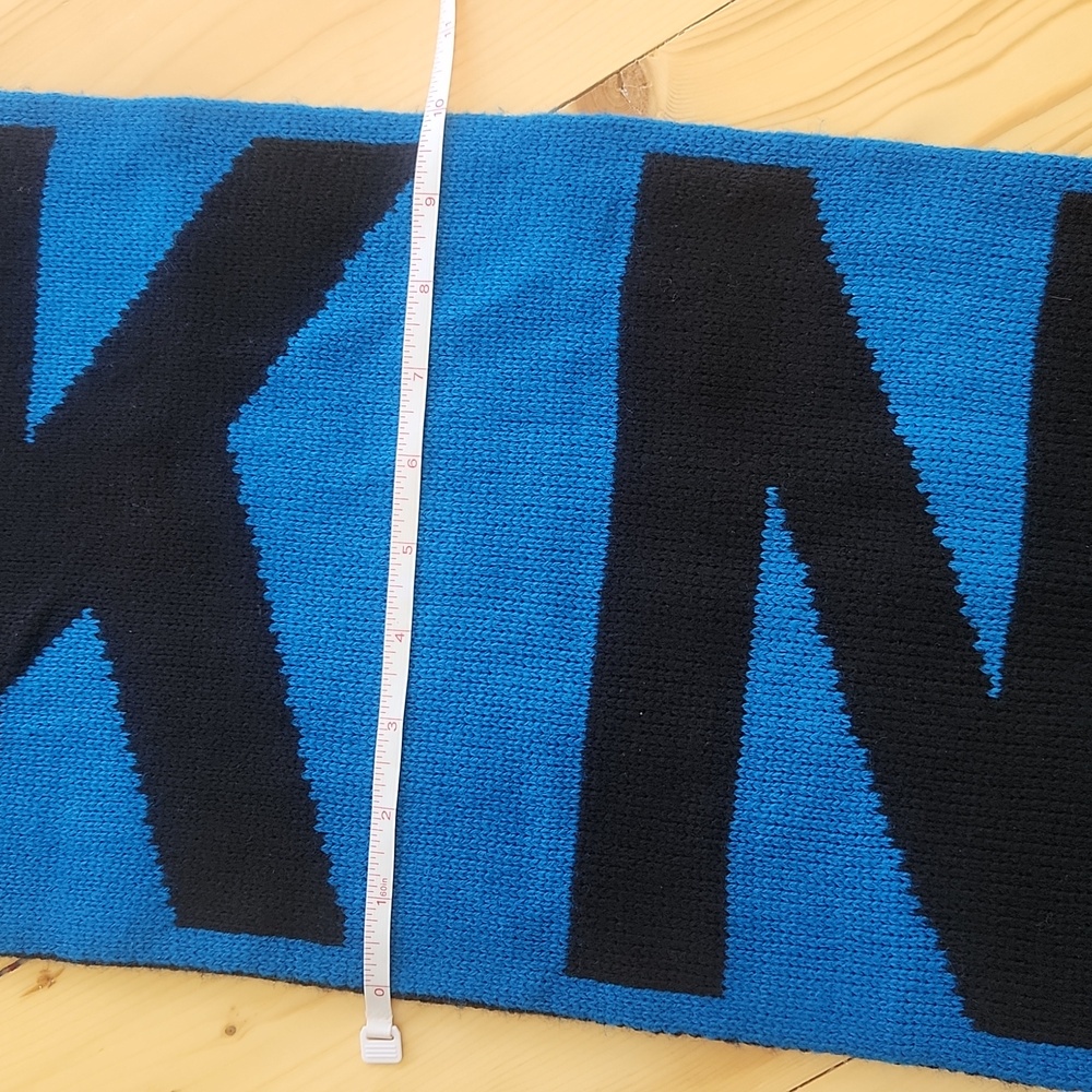 DKNY Womens BOLD Logo Fringe Scarf Wrap Black Blue One Size - Picture 12 of 12